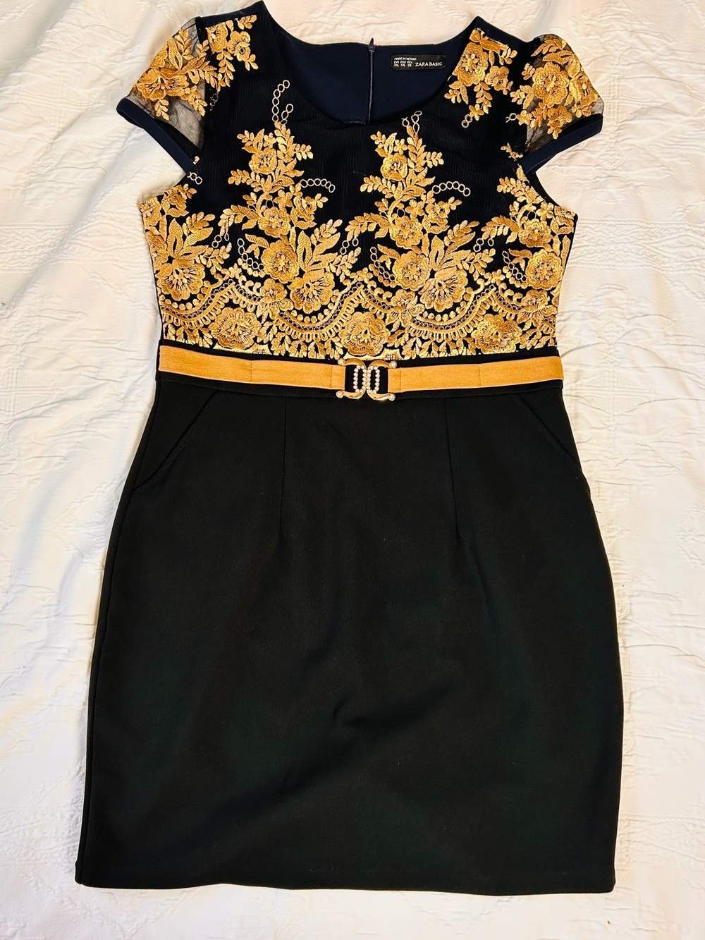 Zara Black Dress with Gold Floral Embroidery and Gold Belt
